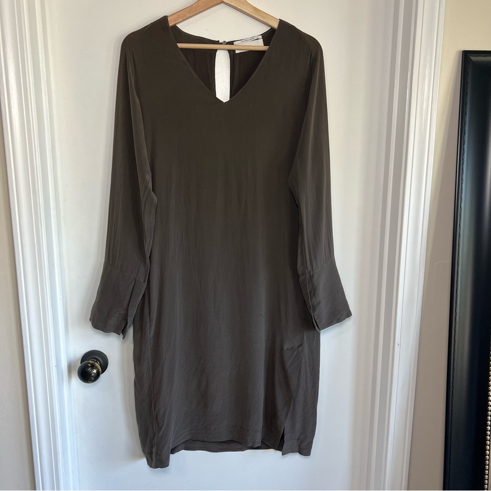 Pomandere Taupe Brown Italian 100% Silk Long‎ Sleeve Dress, Size 42